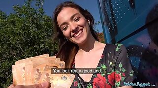 Public agent Tattooed Sexy Minx Kylie Nymphette cums on cock outdoors.