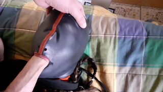 Hogtied on a bed on sexy clothes, blindfolded, had to suck a fat cock and rough fucked.