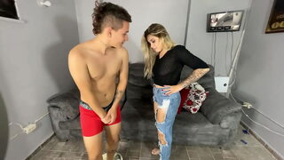 Sara blonde makes pee on her stepbrother's cock while their parents are away.