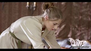 Maid plays with her pussy in her lady's room.