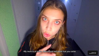 While parents are at home, we fuck in the staircase - cum in panties and wear - POV - public.