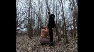 Topless, thick girl sucks cock in the park.