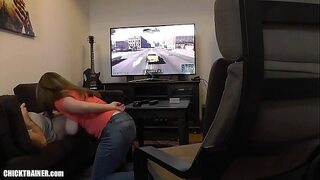 Sucked off playing Xbox. Britney swallows gamer blowjob & big swinging tits.