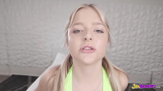 Blonde teen gives incredible BBC interracial blowjob.