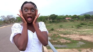 Ebony girlfriend sucking my big ivory cock at Safari camper van.
