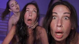 Submissive bimbo teen cums her brains out during cervix crushing FF+M rough fuck.