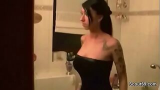 Hot German step-sister caught him and helps with fuck.